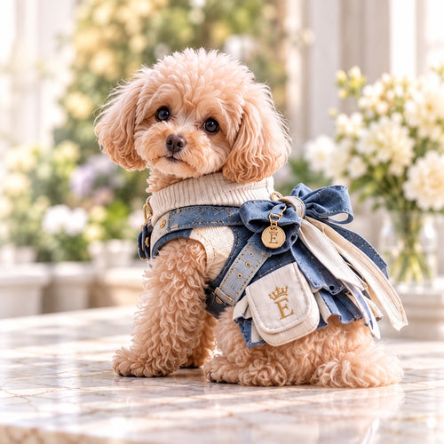 高級犬服のリボン付きバイカラードレスを着用したトイプードルの横向き写真。デニムブルーとアイボリーの上品な配色に、背中の大きな立体リボン、ゴールドのEマーク入りポケット、ブランドメダリオンが特徴のElemurus Preciousの犬用ドレス。