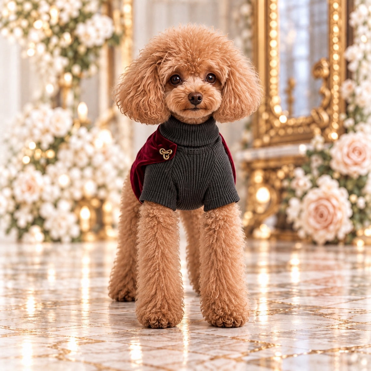 高級犬服「ボルドードレープ リブスタイル」を着用したトイプードルの正面写真。チャコールのハイネックリブニットと半袖デザイン、肩から見えるボルドーのドレープとゴールド金具が特徴。