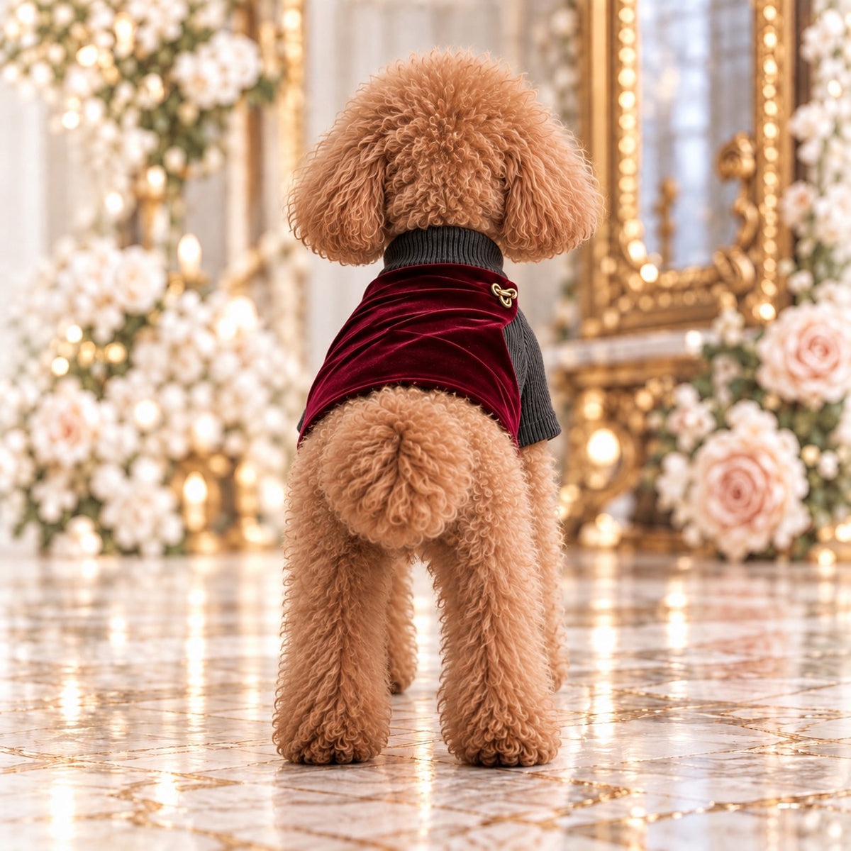 高級犬服「ボルドードレープ リブスタイル」を着用したトイプードルの後ろ姿。背中を斜めに覆う光沢のあるボルドーのドレープ生地と、チャコールのリブニット、肩のゴールド金具が見える。