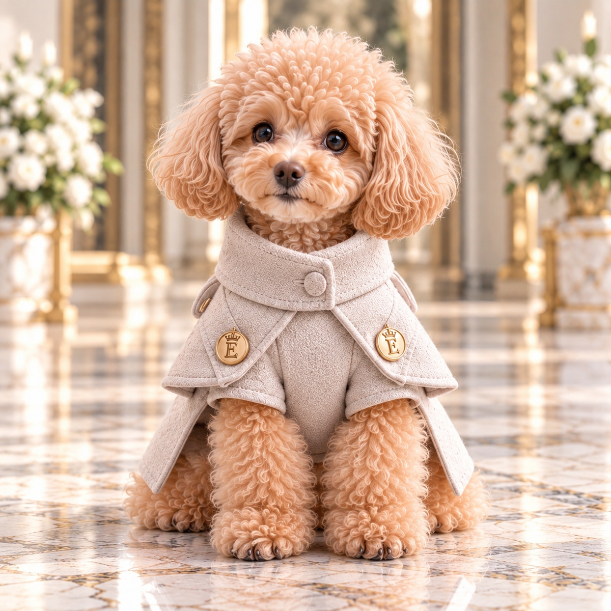高級犬服「レイヤードパネルコート」のグレージュを正面から着用したトイプードル。首元を包む幅広の折り返し襟、立体的なパネルデザイン、半袖のシルエットが分かる犬用コート。