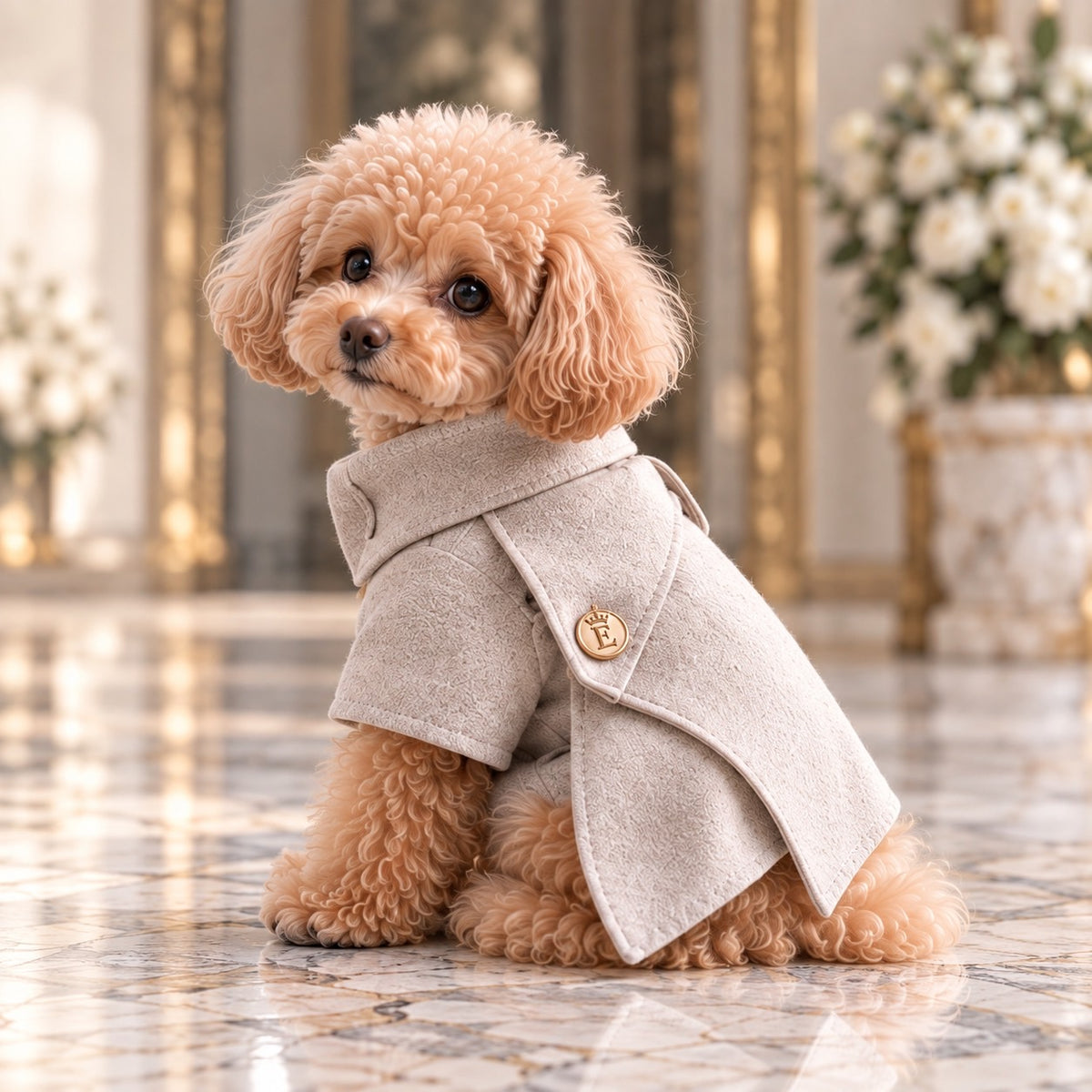 高級犬服「レイヤードパネルコート」のグレージュを横向きに着用したトイプードル。幅広の折り返し襟と重なり合うパネル、曲線的な縁取り、ゴールドのEマーク飾りが見える犬用コート。