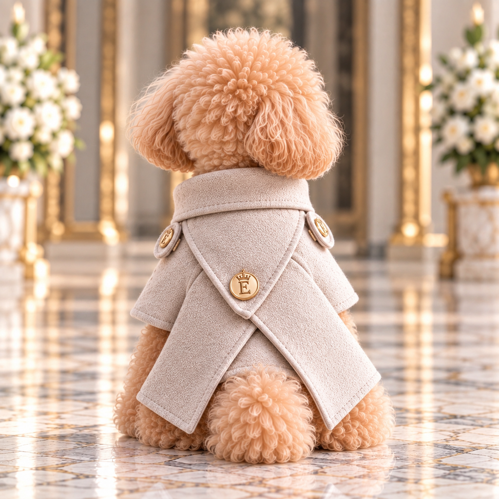 高級犬服「レイヤードパネルコート」のグレージュを後ろ向きに着用したトイプードル。背中で斜めに重なるパネルと曲線を描く縁取り、ゴールドのEマーク飾りが特徴のバックスタイル。
