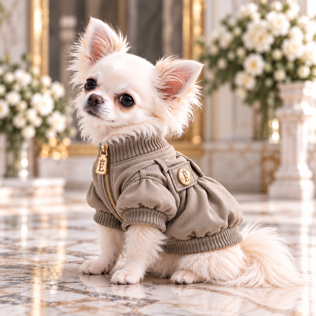 高級犬服「ベルト飾り付きギャザーブルゾン」のグレージュを着用したロングコートチワワの横向き写真。ふっくらしたギャザーと背中のベルト、ゴールドのEマーク飾りが特徴の犬用ブルゾン。