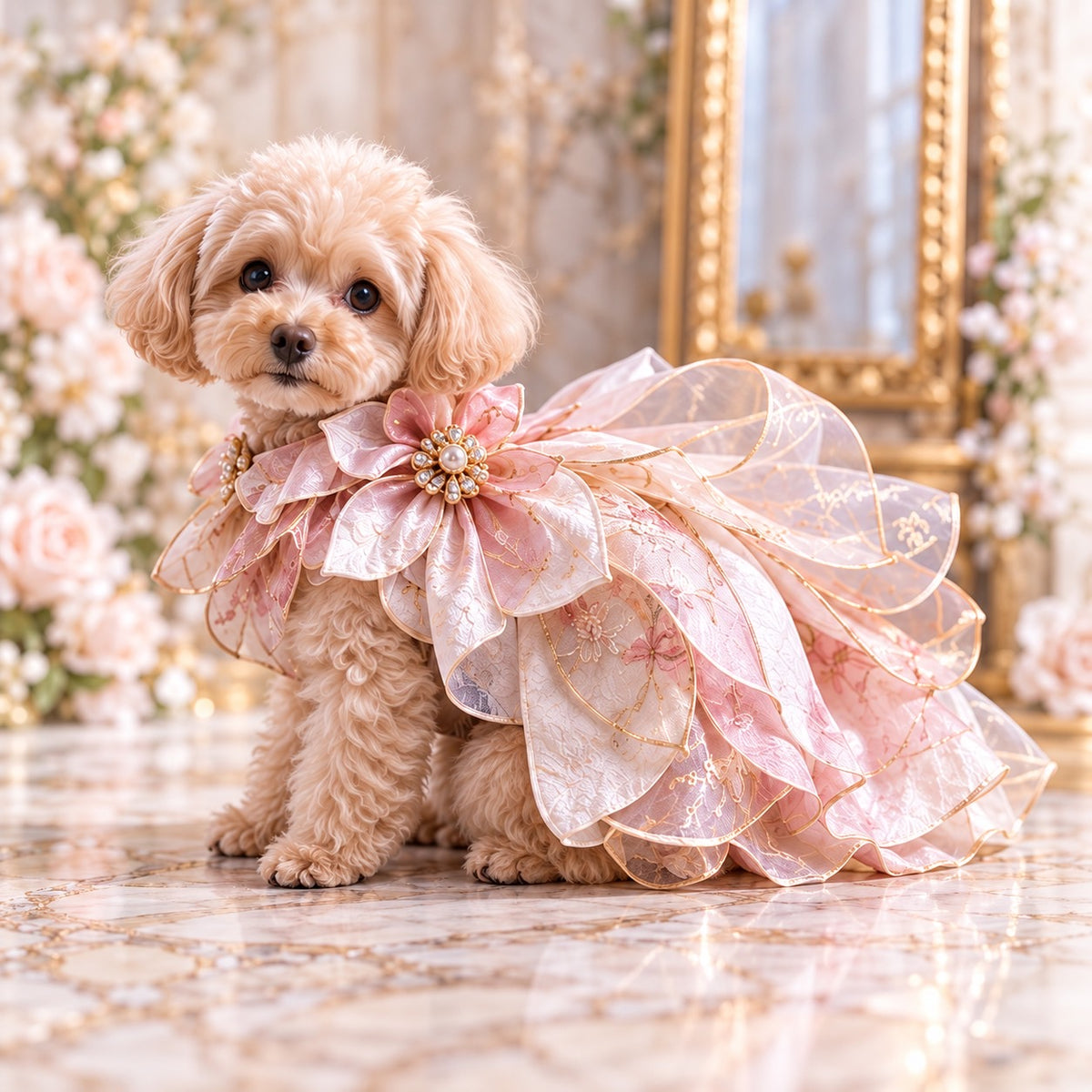 ピンクの花びらを重ねた華やかな高級犬服「Luxe Fleur Dress」を着用したトイプードル。胸元の大きなフラワーモチーフと、透け感のある幾重ものフリルが特徴のエレガントなドレス。