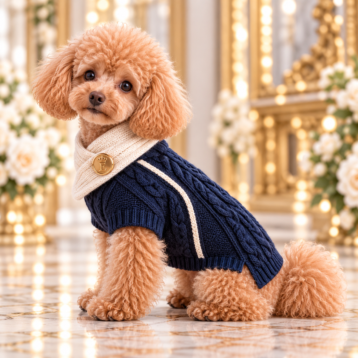 高級犬服「配色襟ケーブルニット」のネイビーを着用したトイプードルの横向き写真。背中の立体的なケーブル編み、アイボリーの重ね襟、肩から脇へ流れる曲線状の配色ラインが特徴。