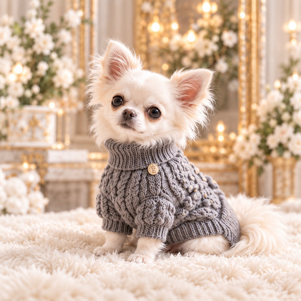 高級犬服「立体編みタートルニット」を着用した白いチワワの横向き写真。グレーのケーブル編みニットに、ボリュームのあるタートルネックと袖の立体装飾を組み合わせたデザイン。背中側の小さな飾りとゴールドのEマークが特徴のElemurus Preciousの犬用セーター。