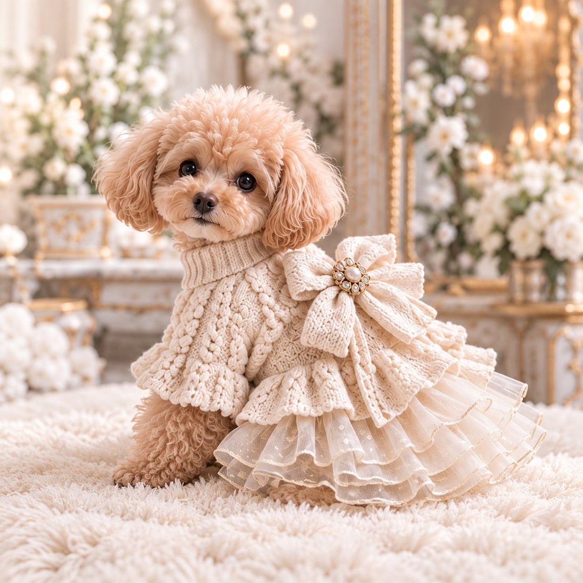 高級犬服のリボン付きニットフリルドレスを着用したトイプードルの横向き写真。アイボリーの立体的なケーブル編みニットに、パール調ビジュー付きの大きなリボンを装飾。ゴールドの縁取りが施された透け感のある多層フリルスカートが美しい、Elemurus Preciousの犬用ドレス。