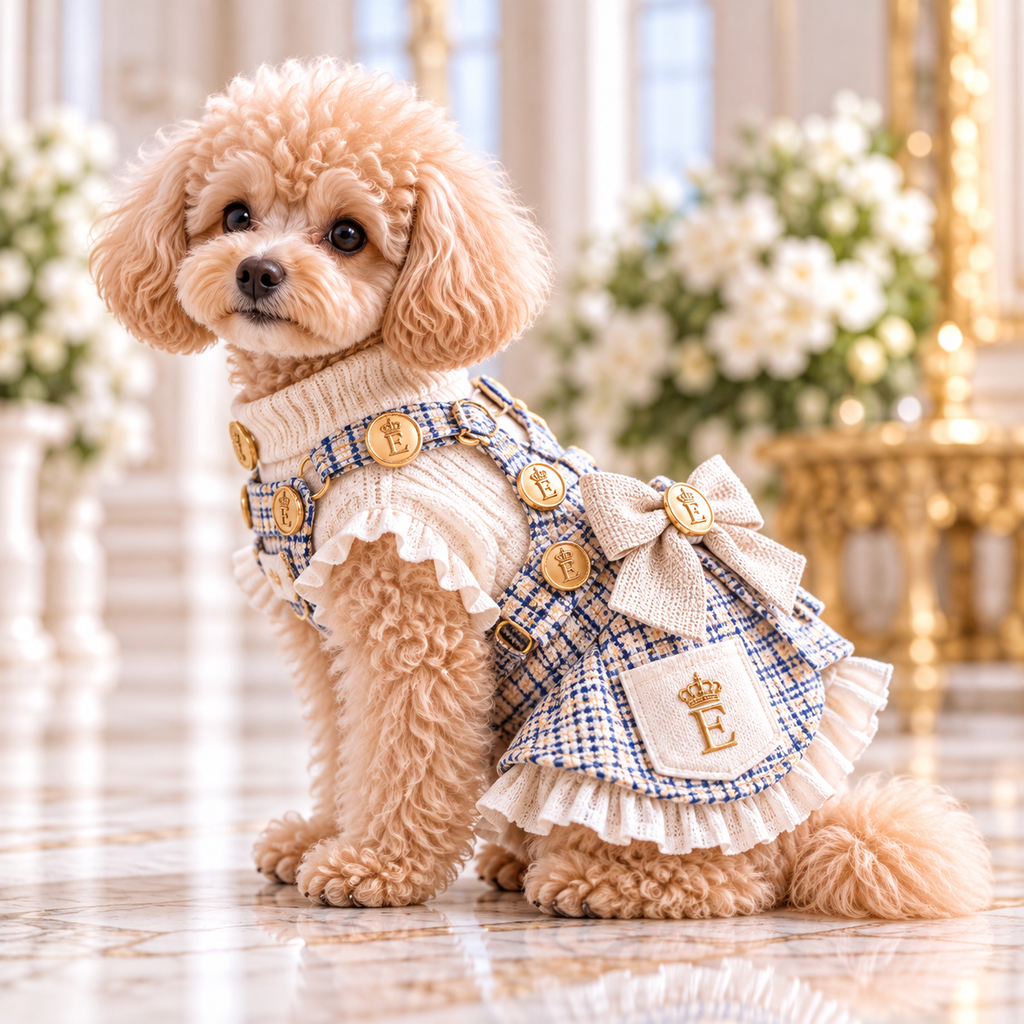 高級犬服「リボン付き織り柄フリルスタイル」を横向きに着用したトイプードル。ブルー系の織り柄にアイボリーのニットとフリルを合わせ、背中の大きなリボンとEマーク入りポケットが見える犬用ウェア。