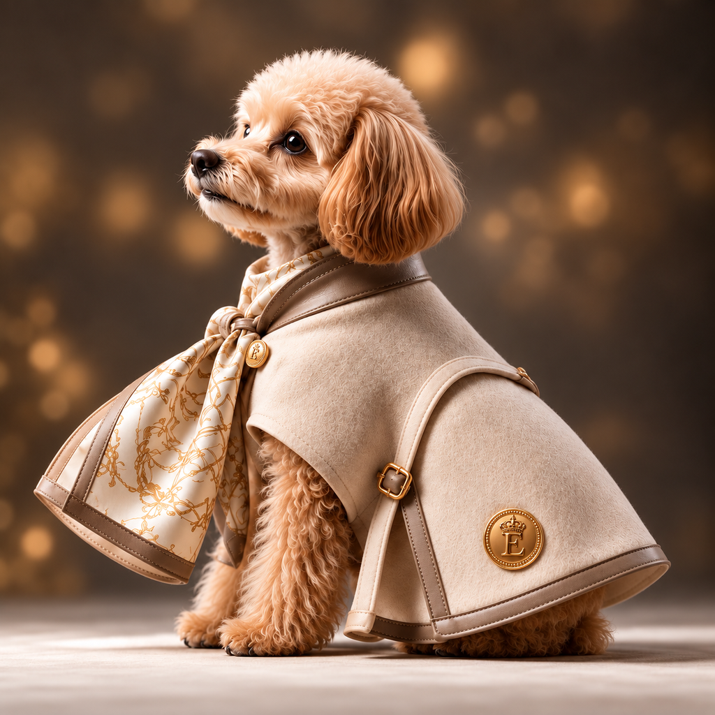高級犬服「Luxe Scarf Cape」を着用したトイプードルの横向き写真。首元の上品なスカーフと、裾に向かって広がるエレガントなケープシルエットが特徴。落ち着いたベージュの生地に施された装飾が高級感を演出。