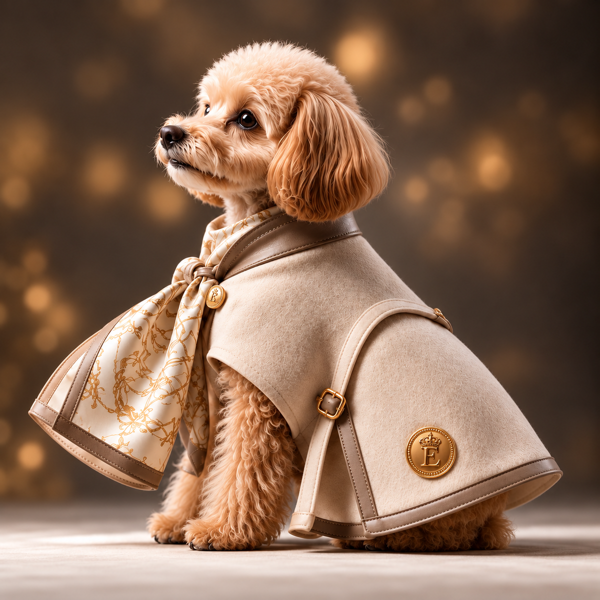 高級犬服「Luxe Scarf Cape」を着用したトイプードルの横向き写真。首元の上品なスカーフと、裾に向かって広がるエレガントなケープシルエットが特徴。落ち着いたベージュの生地に施された装飾が高級感を演出。