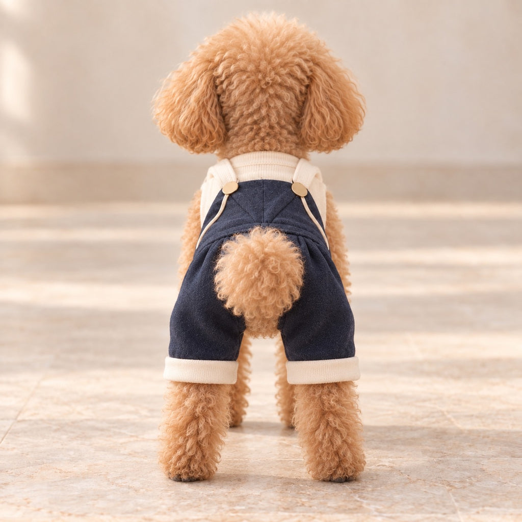 高級犬服「バイカラー サロペットスタイル」を着用したトイプードルの後ろ姿。ネイビーのサロペットにアイボリーの肩ひもとゴールドボタンを配し、腰のタックと後ろ脚の折り返し裾が見えるデザイン。