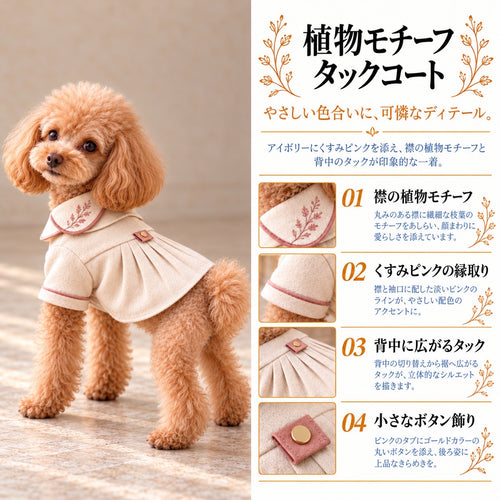 高級犬服「植物モチーフ タックコート」の商品紹介画像。トイプードルが着用し、襟の植物柄、くすみピンクの縁取り、背中のタックとボタン飾りを紹介。