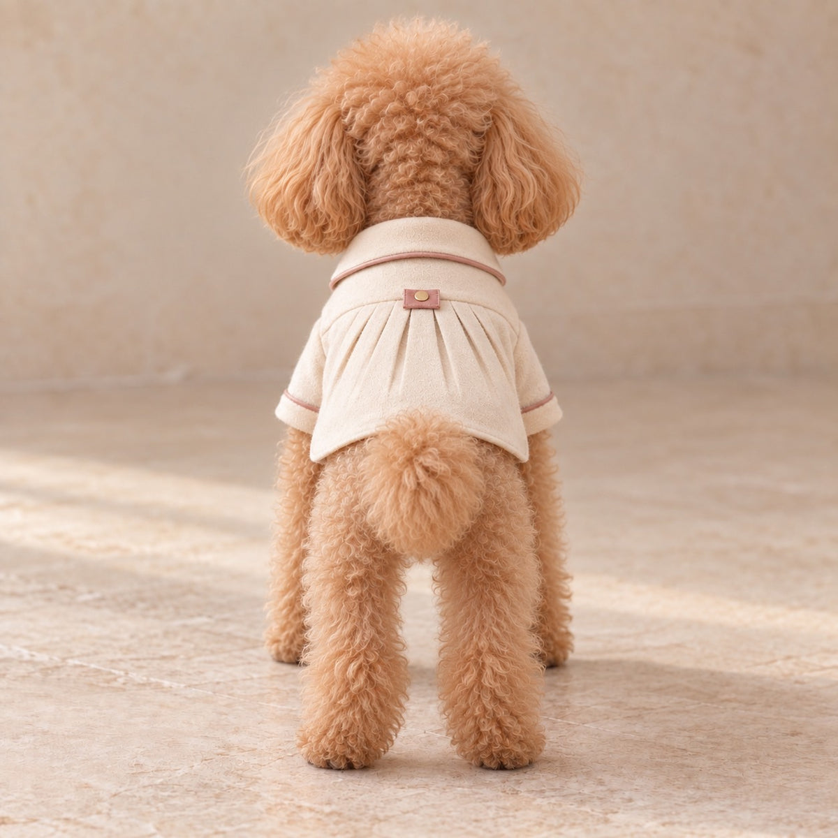 高級犬服「植物モチーフ タックコート」を着用したトイプードルの後ろ姿。背中に広がる立体的なタックと、くすみピンクのタブに付いたゴールドのボタン飾りが特徴。