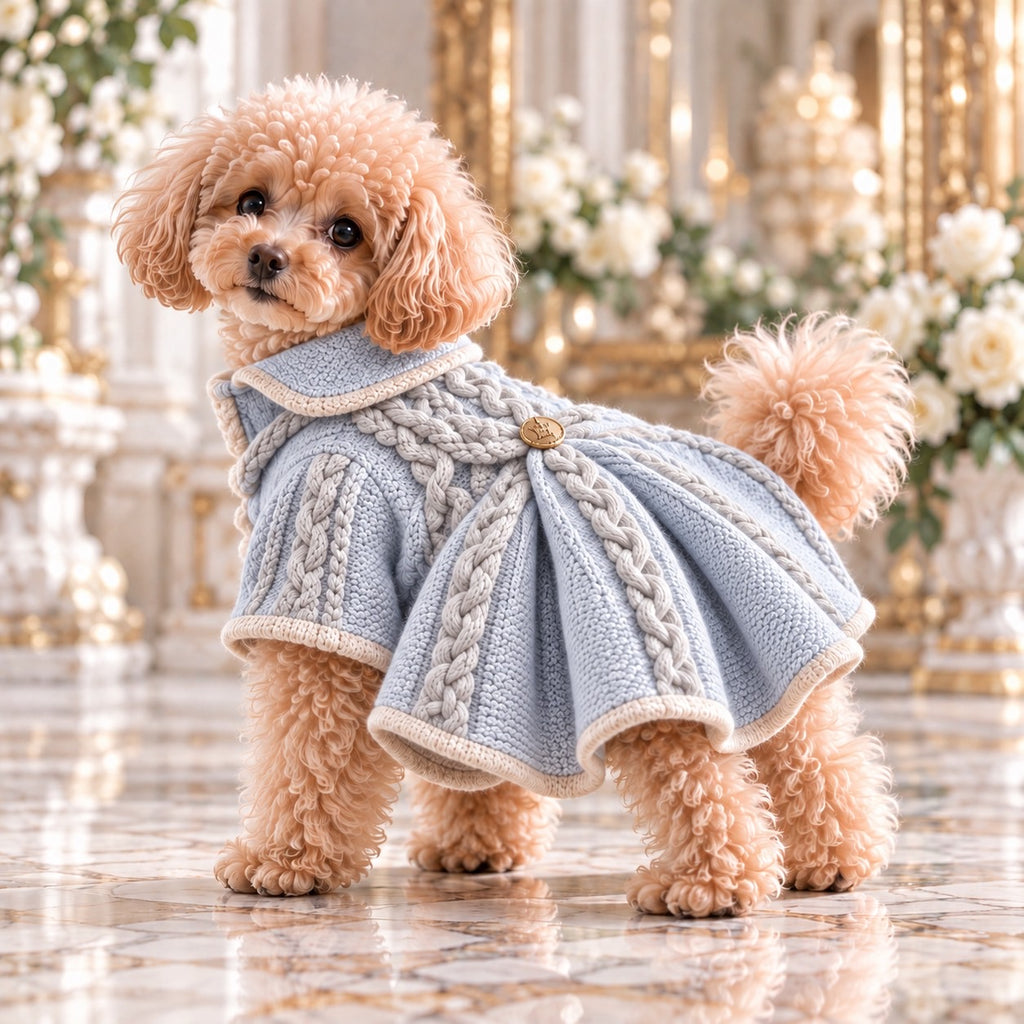 高級犬服「ケーブル編み フレアニット」を着用したトイプードルの横向き写真。パウダーブルーのニットにアイボリーのケーブル編みを組み合わせ、背中から広がるフレアシルエットとゴールドボタンが特徴。