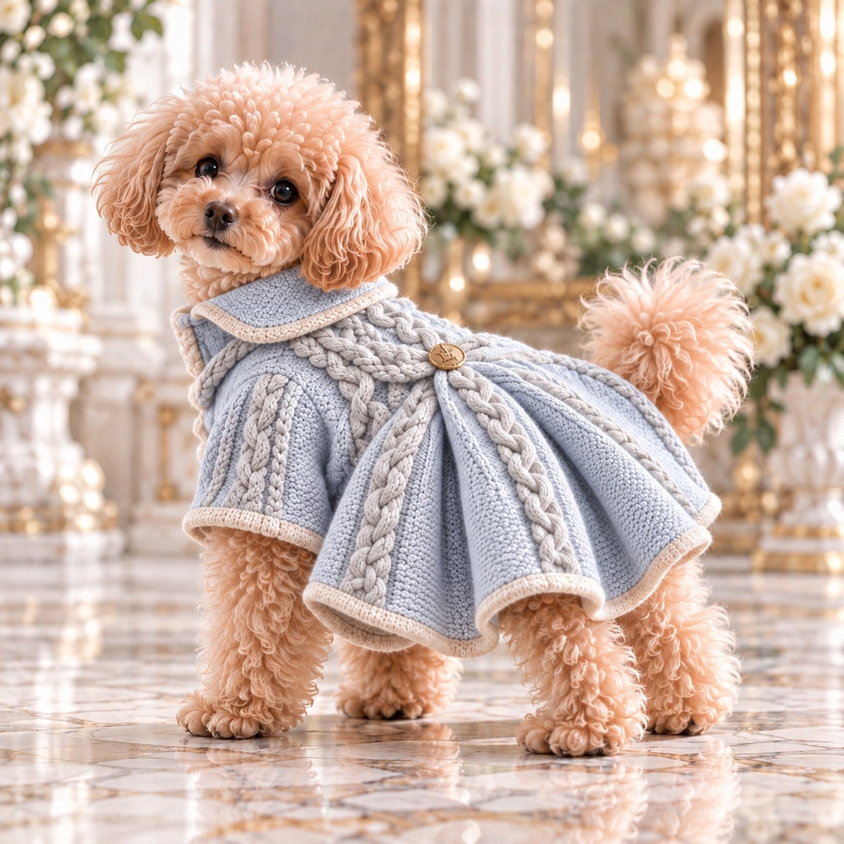 高級犬服「ケーブル編み フレアニット」を着用したトイプードルの横向き写真。パウダーブルーのニットにアイボリーのケーブル編みを組み合わせ、背中から広がるフレアシルエットとゴールドボタンが特徴。