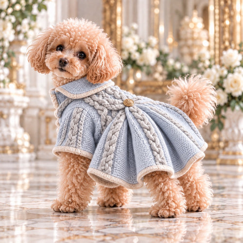 高級犬服「ケーブル編み フレアニット」を着用したトイプードルの横向き写真。パウダーブルーのニットにアイボリーのケーブル編みを組み合わせ、背中から広がるフレアシルエットとゴールドボタンが特徴。