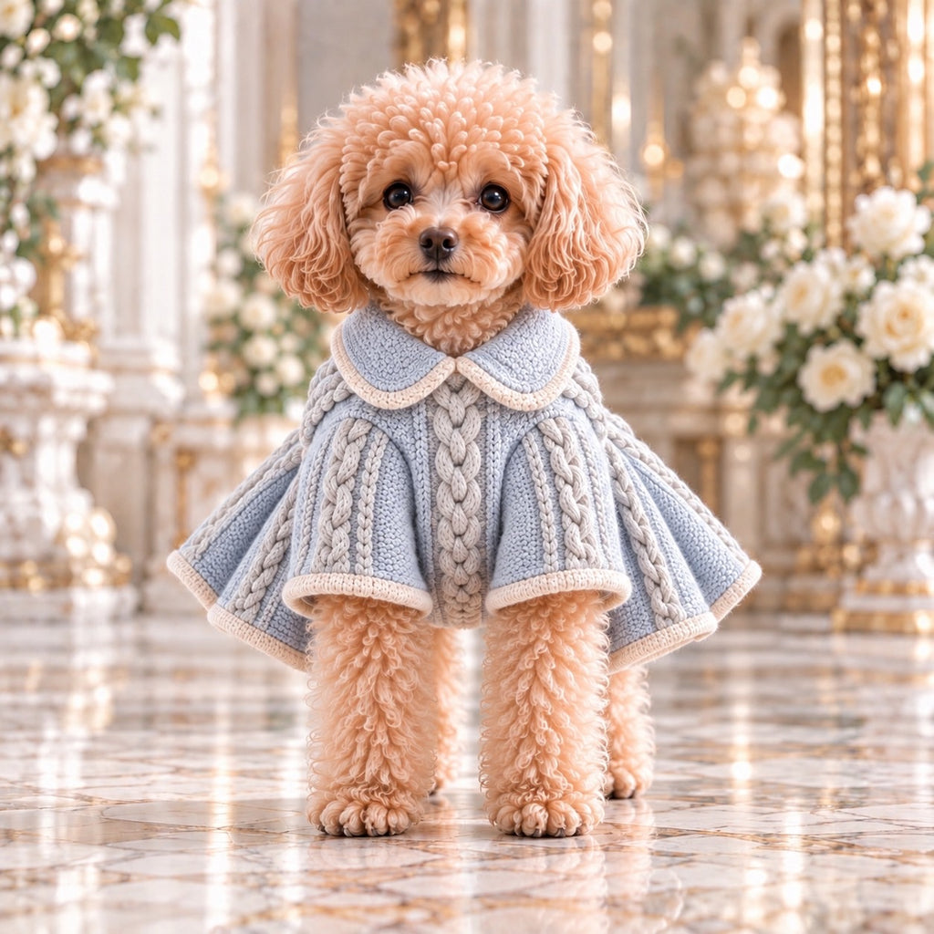 高級犬服「ケーブル編み フレアニット」を着用したトイプードルの正面写真。パウダーブルーとアイボリーのケーブル編み、丸みのある折り返し襟、袖口と裾の縁取りが特徴の犬用ニット。