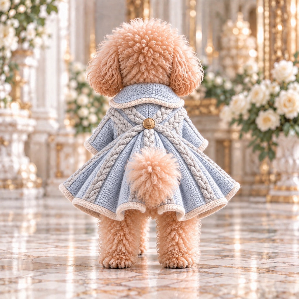 高級犬服「ケーブル編み フレアニット」を着用したトイプードルの後ろ姿。背中のゴールドボタンを中心に立体的なケーブル編みが広がり、アイボリーの縁取りが施されたフレアシルエットを紹介。