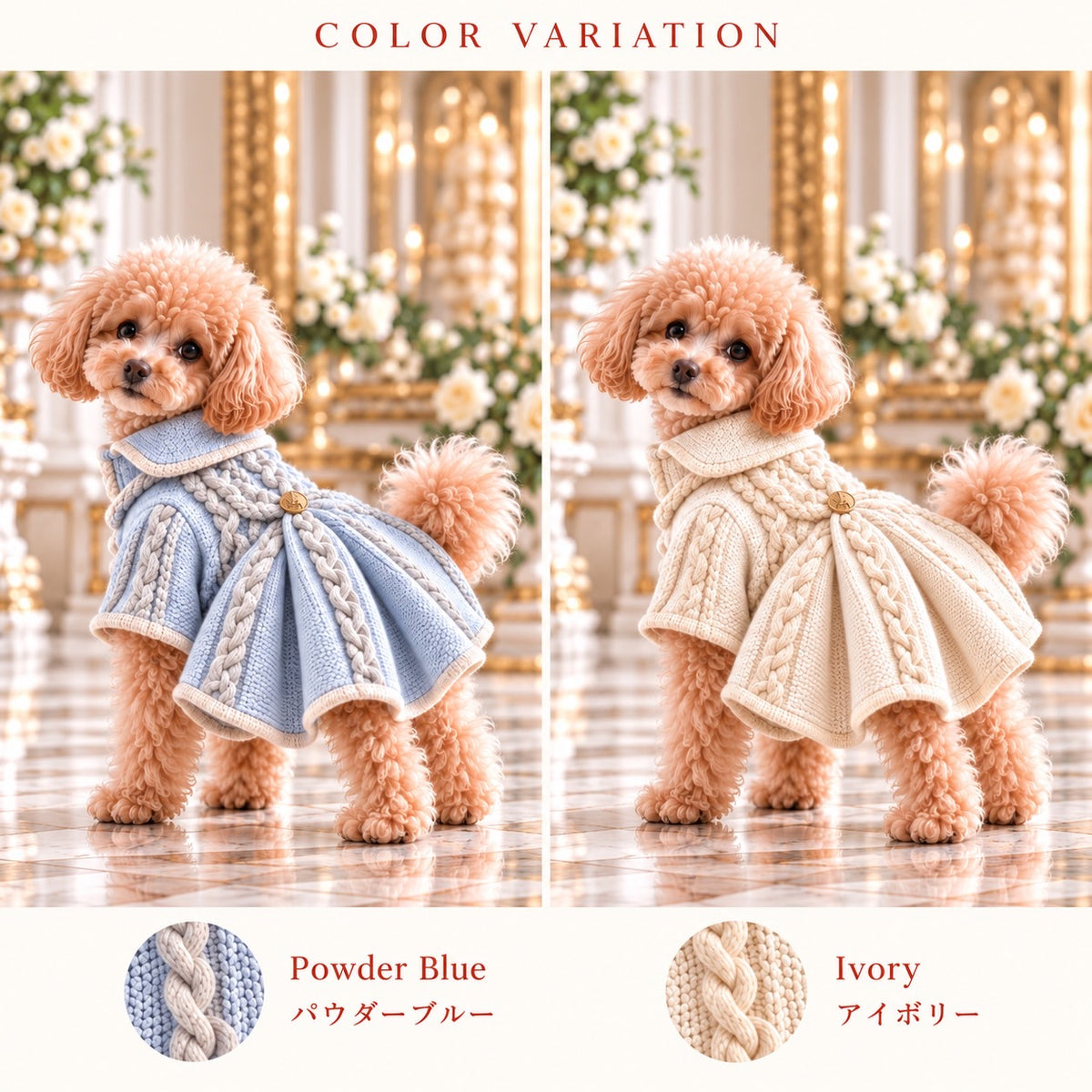 高級犬服「ケーブル編み フレアニット」のカラーバリエーション画像。トイプードルが着用したパウダーブルーとアイボリーの2色を比較。立体的なケーブル編みと裾が広がるフレアデザインを紹介。