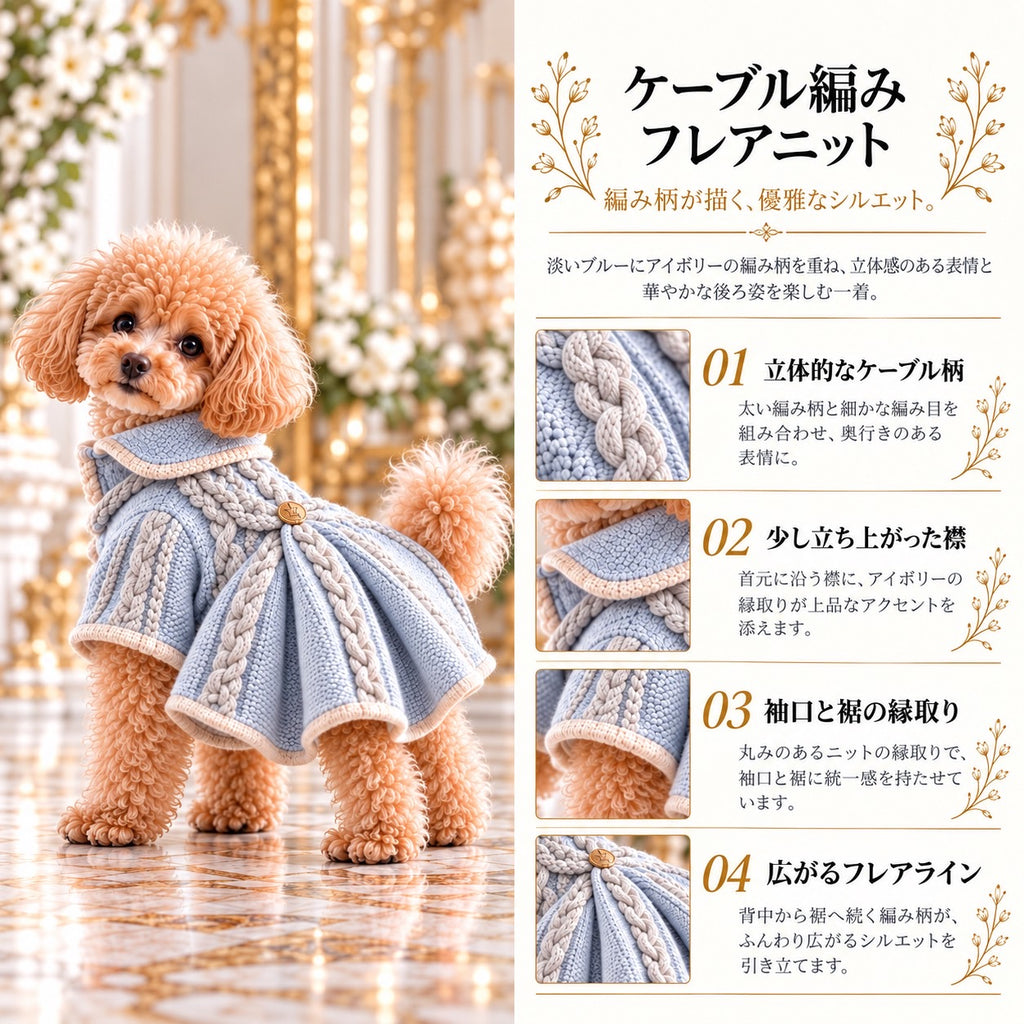 高級犬服「ケーブル編み フレアニット」を着用したトイプードルの商品紹介画像。パウダーブルーの立体的なケーブル編み、アイボリーの縁取り、折り返し襟、裾のフレアシルエット、背中のゴールドボタンを紹介。