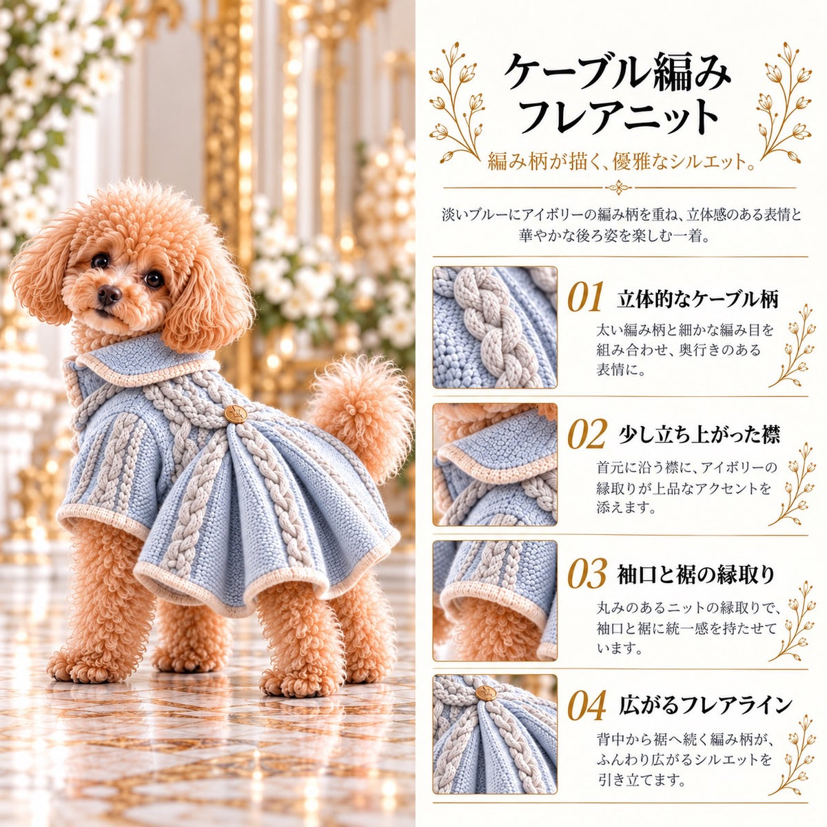 高級犬服「ケーブル編み フレアニット」を着用したトイプードルの商品紹介画像。パウダーブルーの立体的なケーブル編み、アイボリーの縁取り、折り返し襟、裾のフレアシルエット、背中のゴールドボタンを紹介。