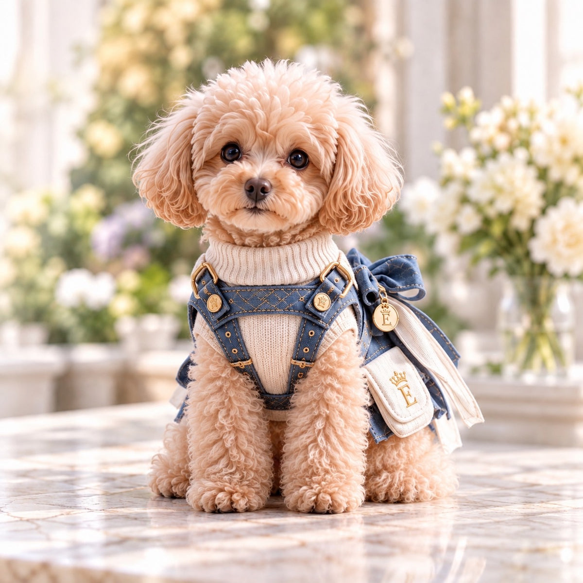 高級犬服のリボン付きバイカラードレスを正面から着用したトイプードル。アイボリーのリブ編みニットに、デニムブルーのベルト風デザインとゴールドの金具を組み合わせた上品な装い。背中側には大きなリボンをあしらったElemurus Preciousの犬用ドレス。