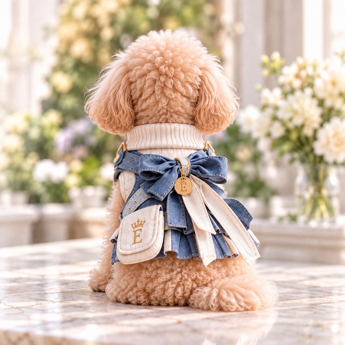 高級犬服のリボン付きバイカラードレスを後ろ向きに着用したトイプードル。デニムブルーの大きな立体リボンとアイボリーの長いリボン飾り、ゴールドのEマーク入りポケットが特徴。重なりのあるスカートとブランドメダリオンが華やかなElemurus Preciousの犬用ドレス。