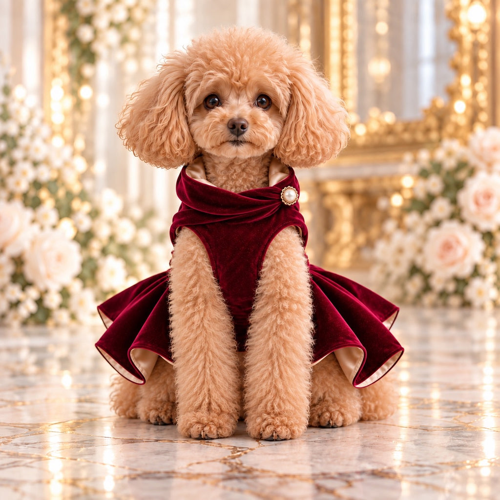 高級犬服「Luxe Bordeaux Flare Dress」を着用して正面を向くトイプードル。ボルドーの重なり合うショール襟、パール調のゴールド飾り、左右に広がるフレアスカートを紹介。