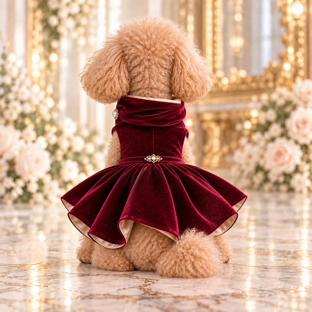 高級犬服「Luxe Bordeaux Flare Dress」を着用して座るトイプードルの後ろ姿。ボルドーの光沢ある生地、背中のゴールド装飾、ギャザーを寄せたフレアスカートと裾の明るい裏地が特徴。