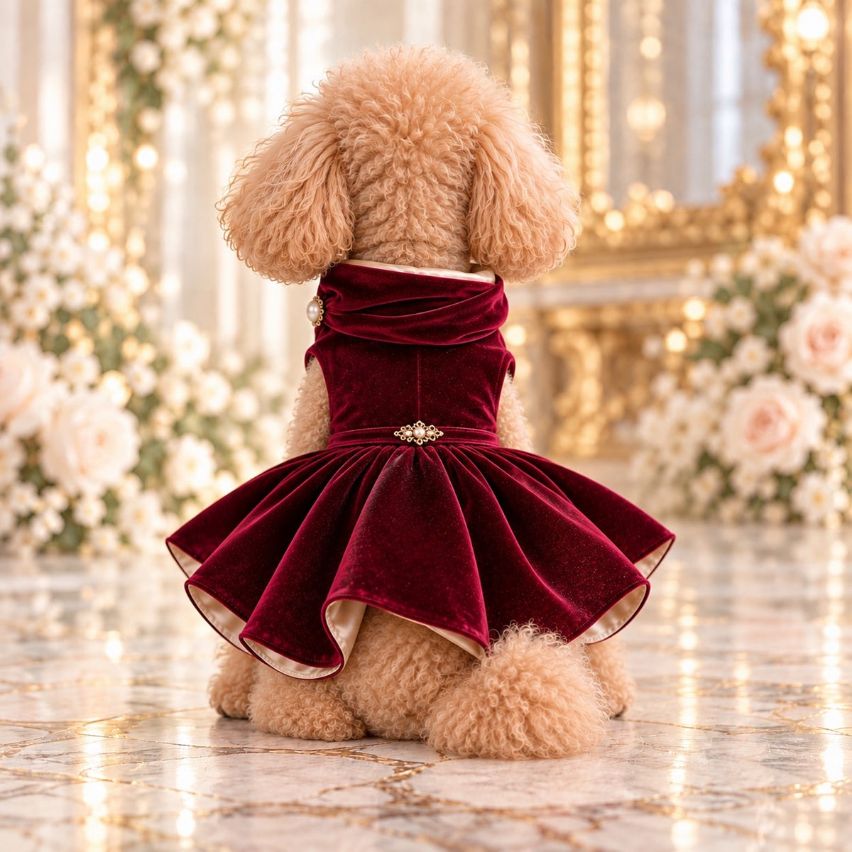 高級犬服「Luxe Bordeaux Flare Dress」を着用して座るトイプードルの後ろ姿。ボルドーの光沢ある生地、背中のゴールド装飾、ギャザーを寄せたフレアスカートと裾の明るい裏地が特徴。
