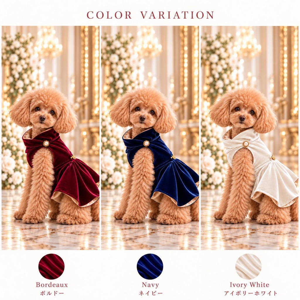 高級犬服「Luxe Bordeaux Flare Dress」のカラーバリエーション画像。ボルドー、ネイビー、アイボリーホワイトの3色をトイプードルの着用写真で比較。パール調の襟飾りとフレアスカートが特徴。