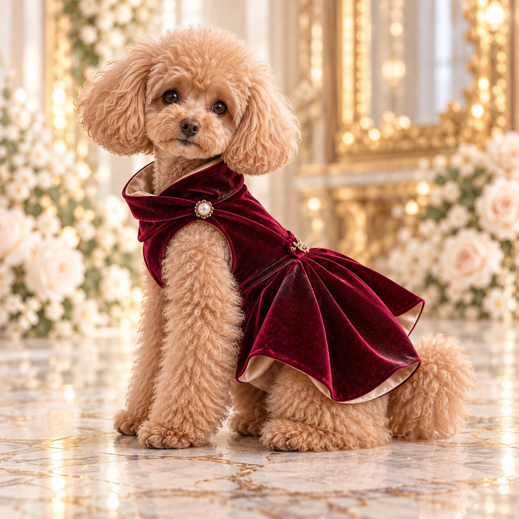 高級犬服「Luxe Bordeaux Flare Dress」を着用して座るトイプードルの横向き写真。深いボルドーの光沢生地、パール調の襟飾り、ウエストのゴールド装飾、立体的に広がるフレアスカートが特徴。