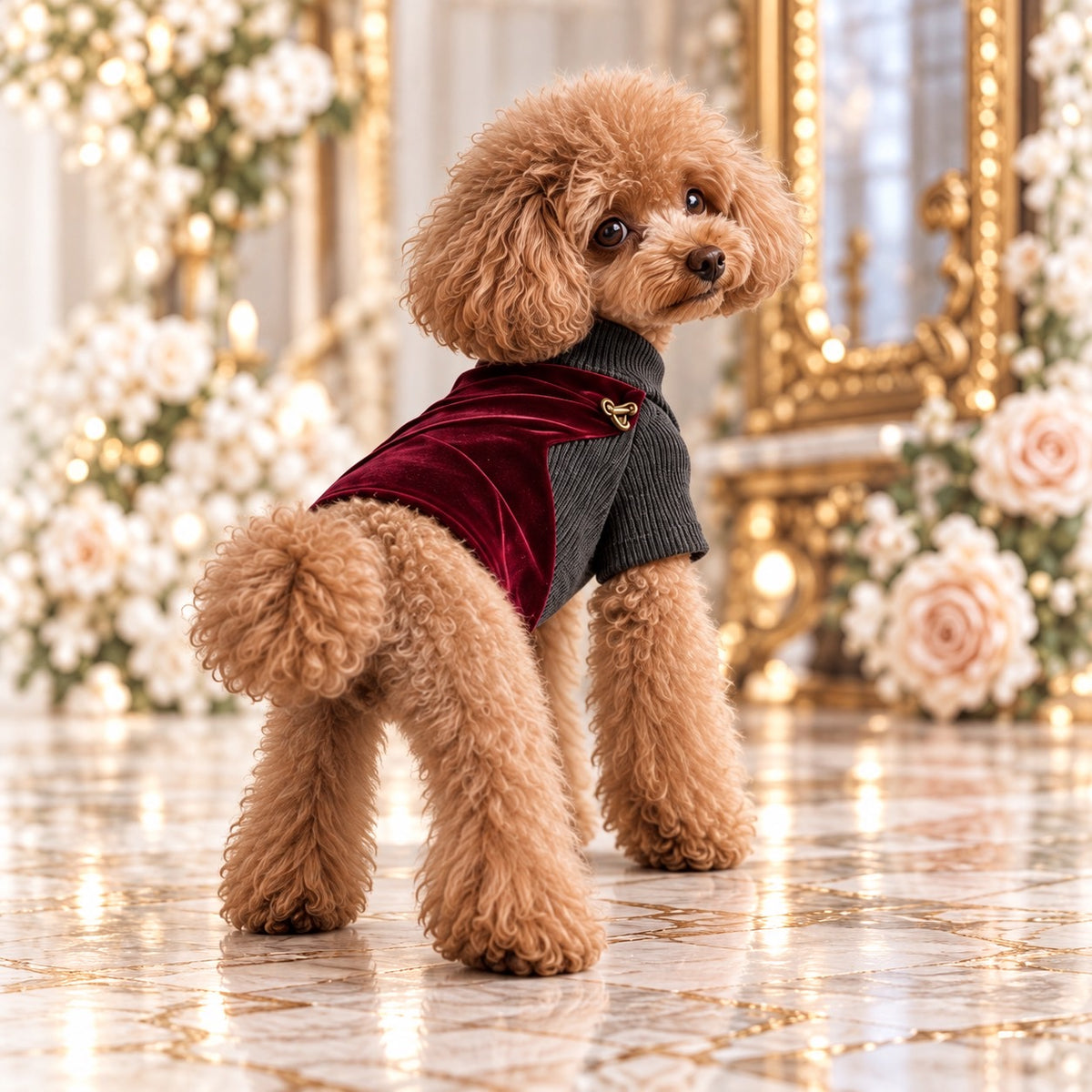 高級犬服「ボルドードレープ リブスタイル」を着用したトイプードルの斜め後ろ姿。チャコールのリブニットに重なる光沢のあるボルドーのドレープと、肩のゴールド金具が見える犬服。