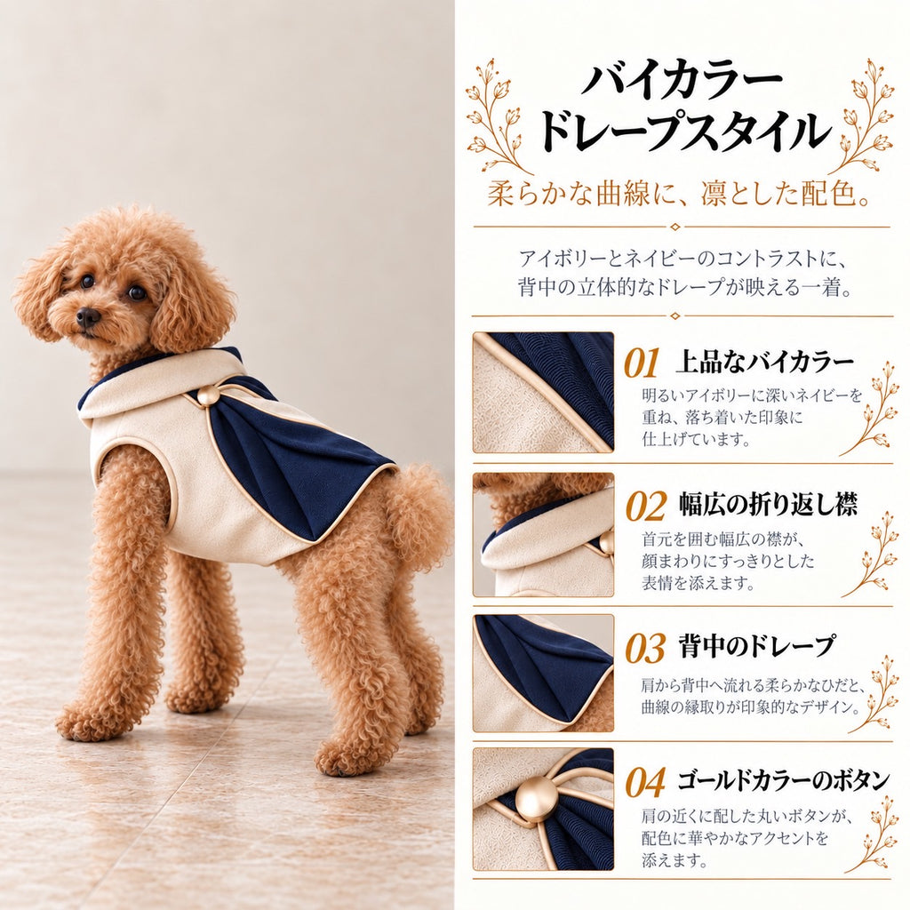 高級犬服「バイカラー ドレープスタイル」を着用したトイプードルの商品紹介画像。アイボリーとネイビーの配色、幅広の折り返し襟、背中の立体的なドレープ、ゴールドカラーのボタンを紹介。