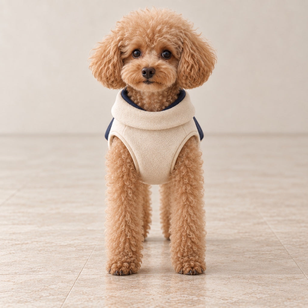 高級犬服「バイカラー ドレープスタイル」を着用したトイプードルの正面写真。アイボリーの身頃と幅広の折り返し襟、首元のネイビーの縁取りが特徴の上品な犬服。