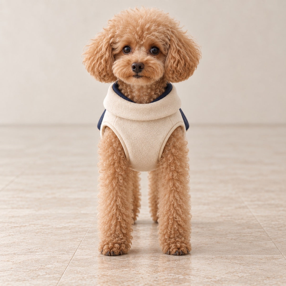 高級犬服「バイカラー ドレープスタイル」を着用したトイプードルの正面写真。アイボリーの身頃と幅広の折り返し襟、首元のネイビーの縁取りが特徴の上品な犬服。
