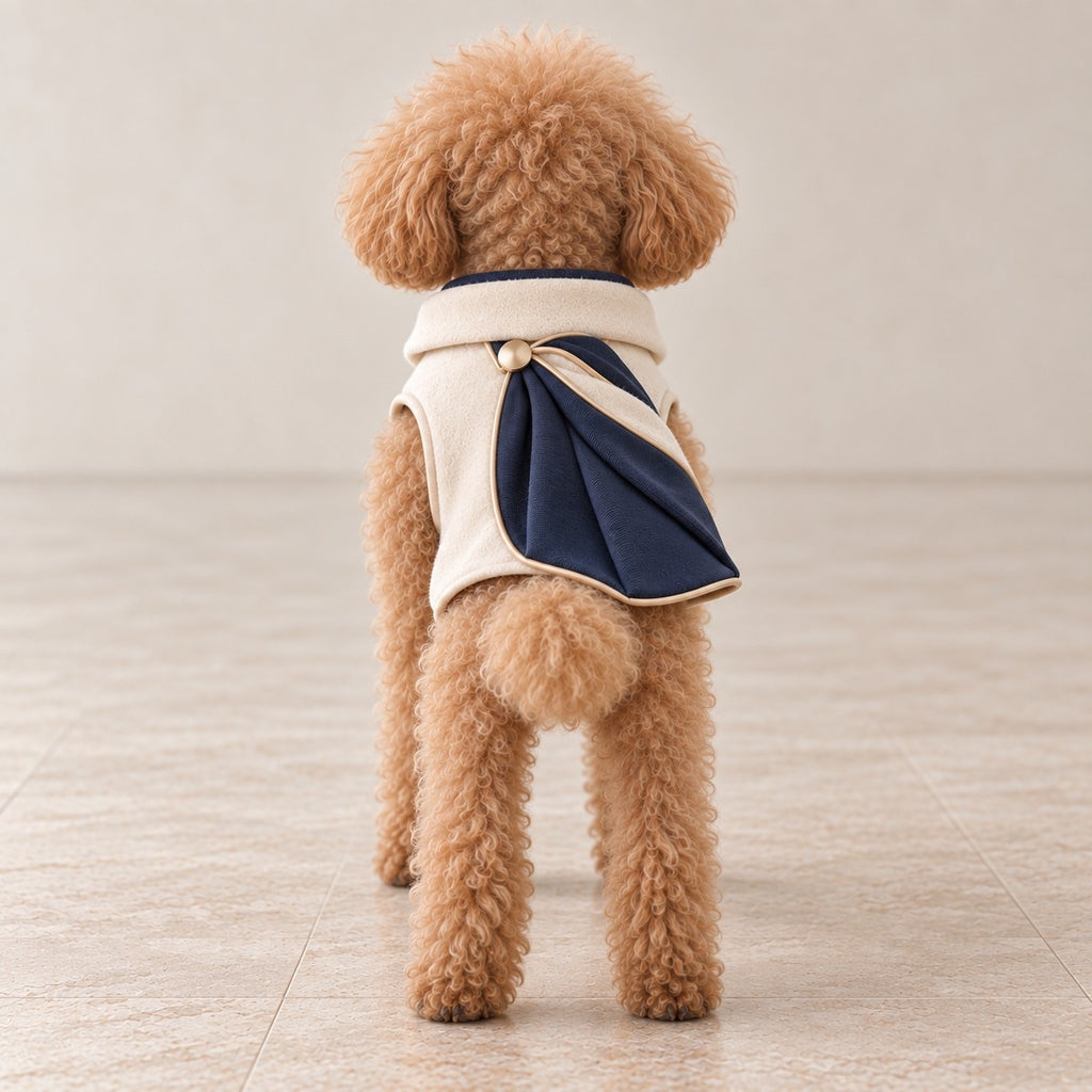 高級犬服「バイカラー ドレープスタイル」を着用したトイプードルの後ろ姿。アイボリーの身頃にネイビーの生地を斜めに重ねた立体的なドレープと、背中のゴールドカラーのボタンが見える。