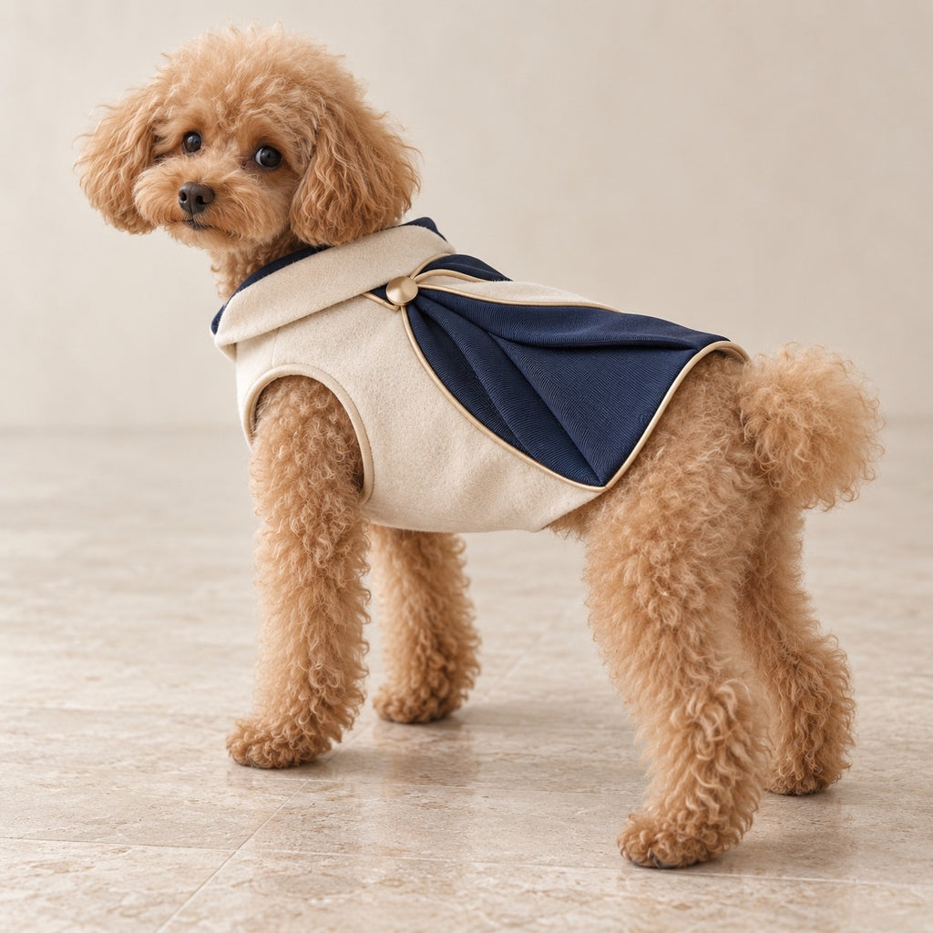 高級犬服「バイカラー ドレープスタイル」を着用したトイプードルの横向き姿。アイボリーの身頃にネイビーのドレープを重ね、幅広の折り返し襟とゴールドカラーのボタンが見える犬服。