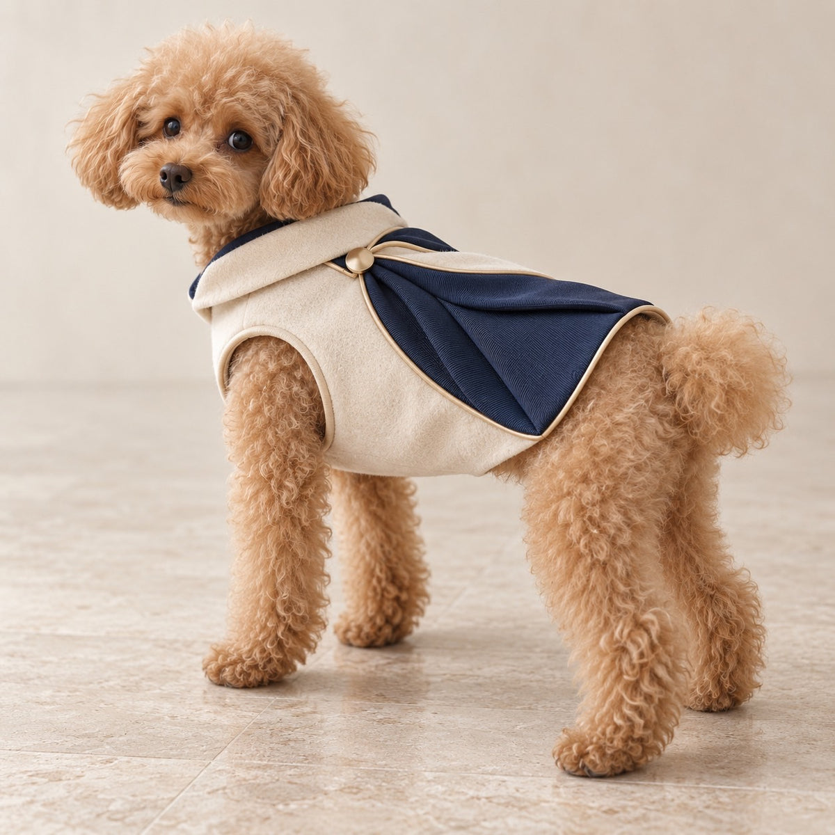 高級犬服「バイカラー ドレープスタイル」を着用したトイプードルの横向き姿。アイボリーの身頃にネイビーのドレープを重ね、幅広の折り返し襟とゴールドカラーのボタンが見える犬服。
