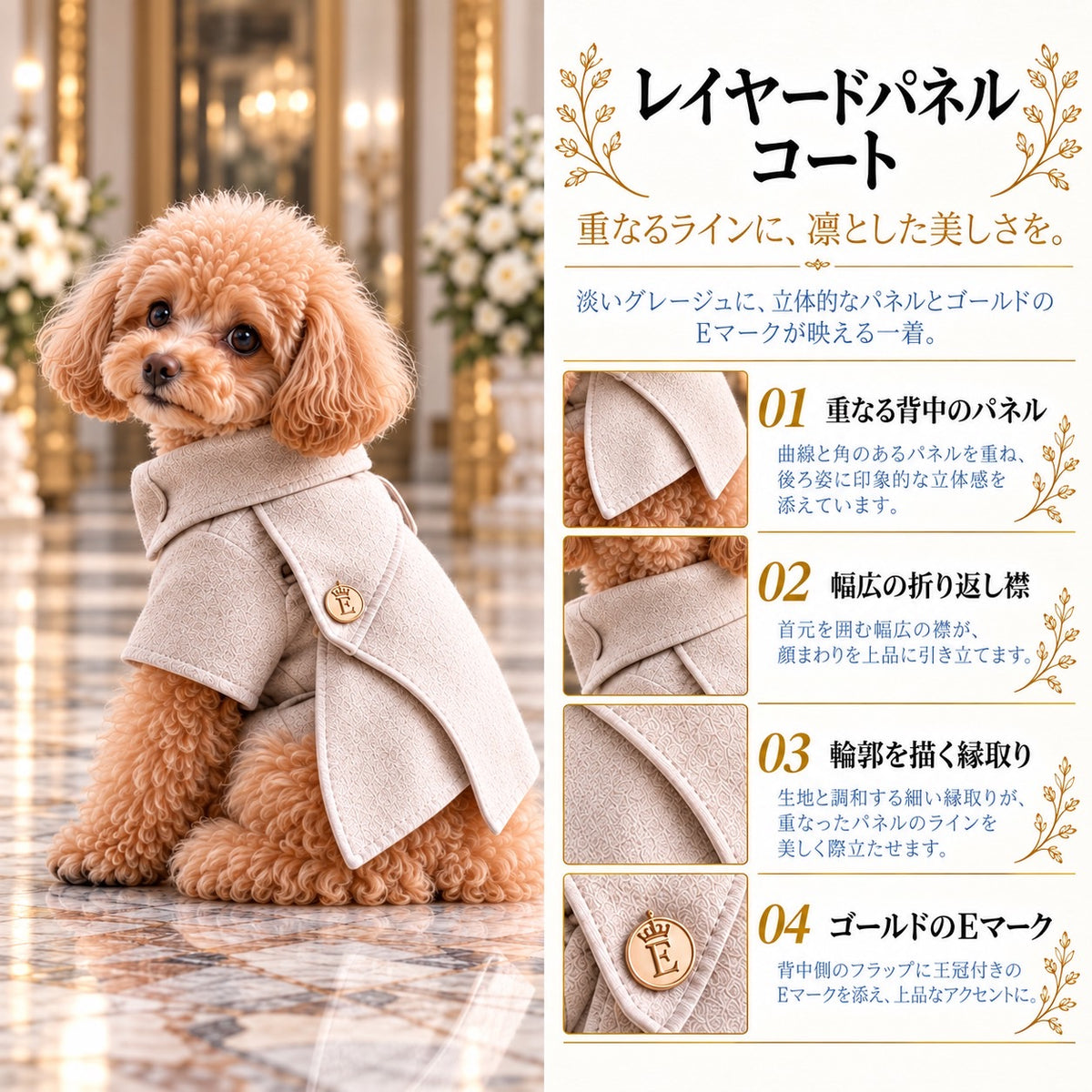 高級犬服「レイヤードパネルコート」を着用したトイプードルの商品紹介画像。立体的に重なる背中のパネル、幅広の折り返し襟、曲線を描く縁取り、ゴールドのEマーク飾りを紹介したグレージュの犬用コート。
