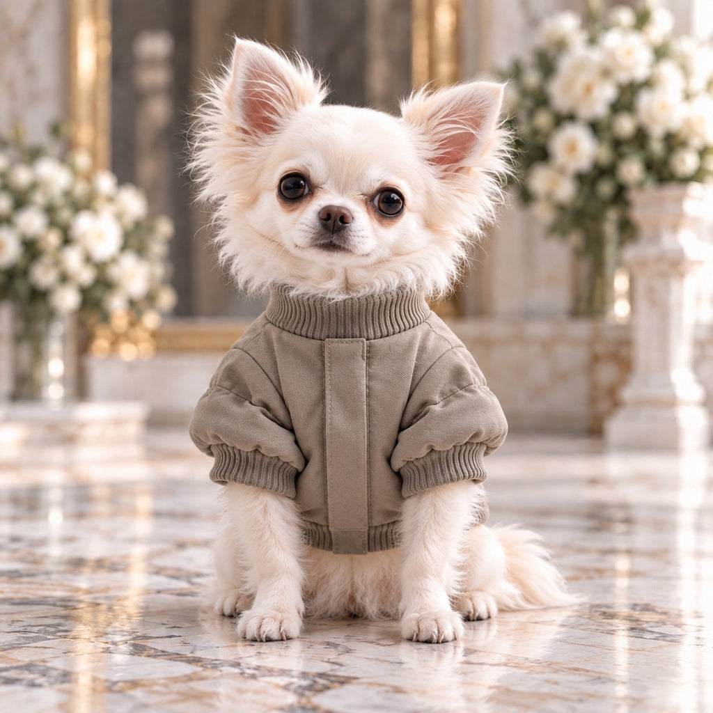 高級犬服「ベルト飾り付きギャザーブルゾン」のグレージュを正面から着用したロングコートチワワ。首元のリブ襟、ふんわりした袖、リブ袖口、前身頃のデザインが分かる犬用ブルゾン。