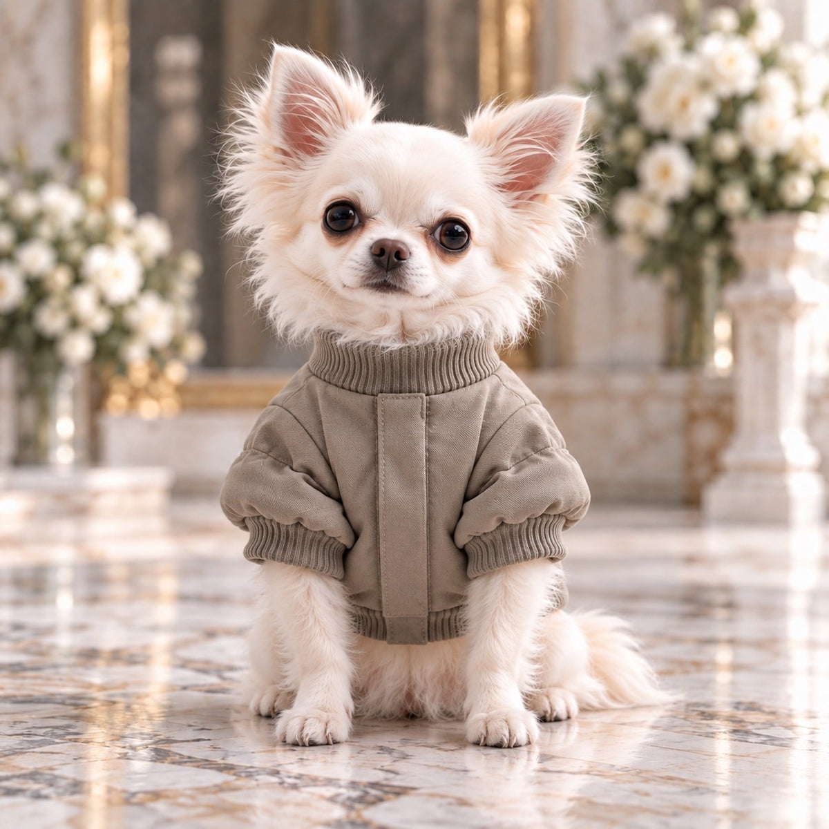 高級犬服「ベルト飾り付きギャザーブルゾン」のグレージュを正面から着用したロングコートチワワ。首元のリブ襟、ふんわりした袖、リブ袖口、前身頃のデザインが分かる犬用ブルゾン。