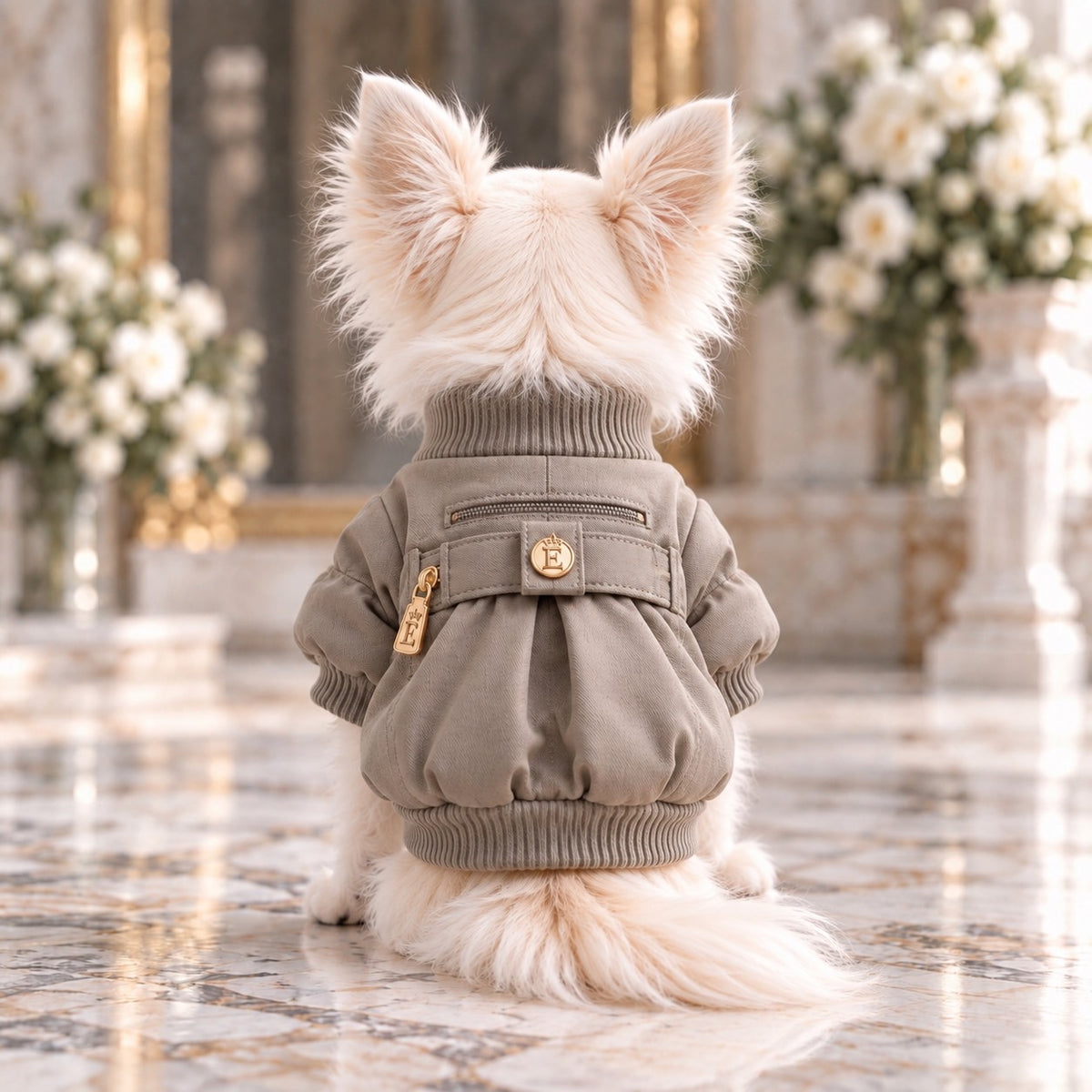 高級犬服「ベルト飾り付きギャザーブルゾン」のグレージュを後ろ向きに着用したロングコートチワワ。背中のファスナーとベルト飾り、ゴールドのEマーク、丸みのあるギャザーシルエットが特徴。