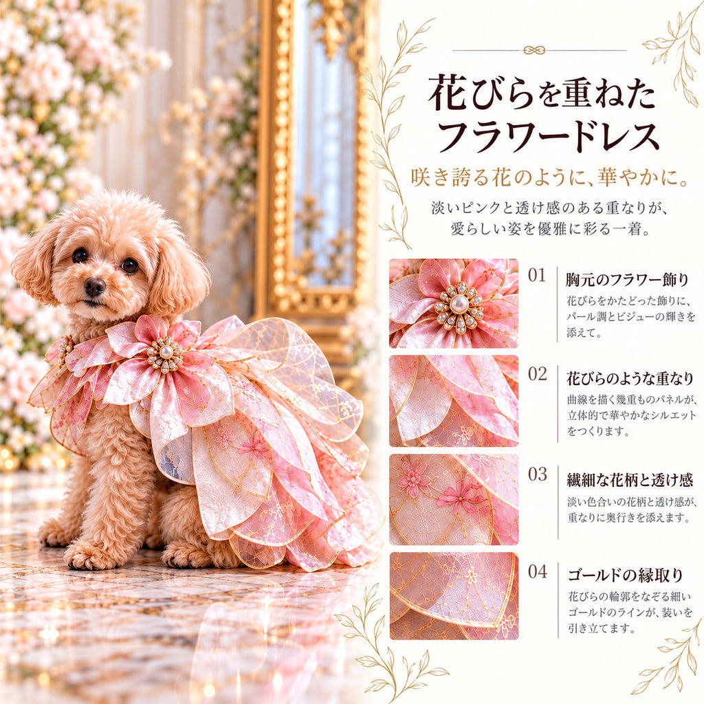 ピンクの花びらを重ねた華やかなフラワードレスを着用したトイプードル。胸元の花飾りと繊細な透け感が特徴の高級犬服「Luxe Fleur Dress」｜Elemurus Precious