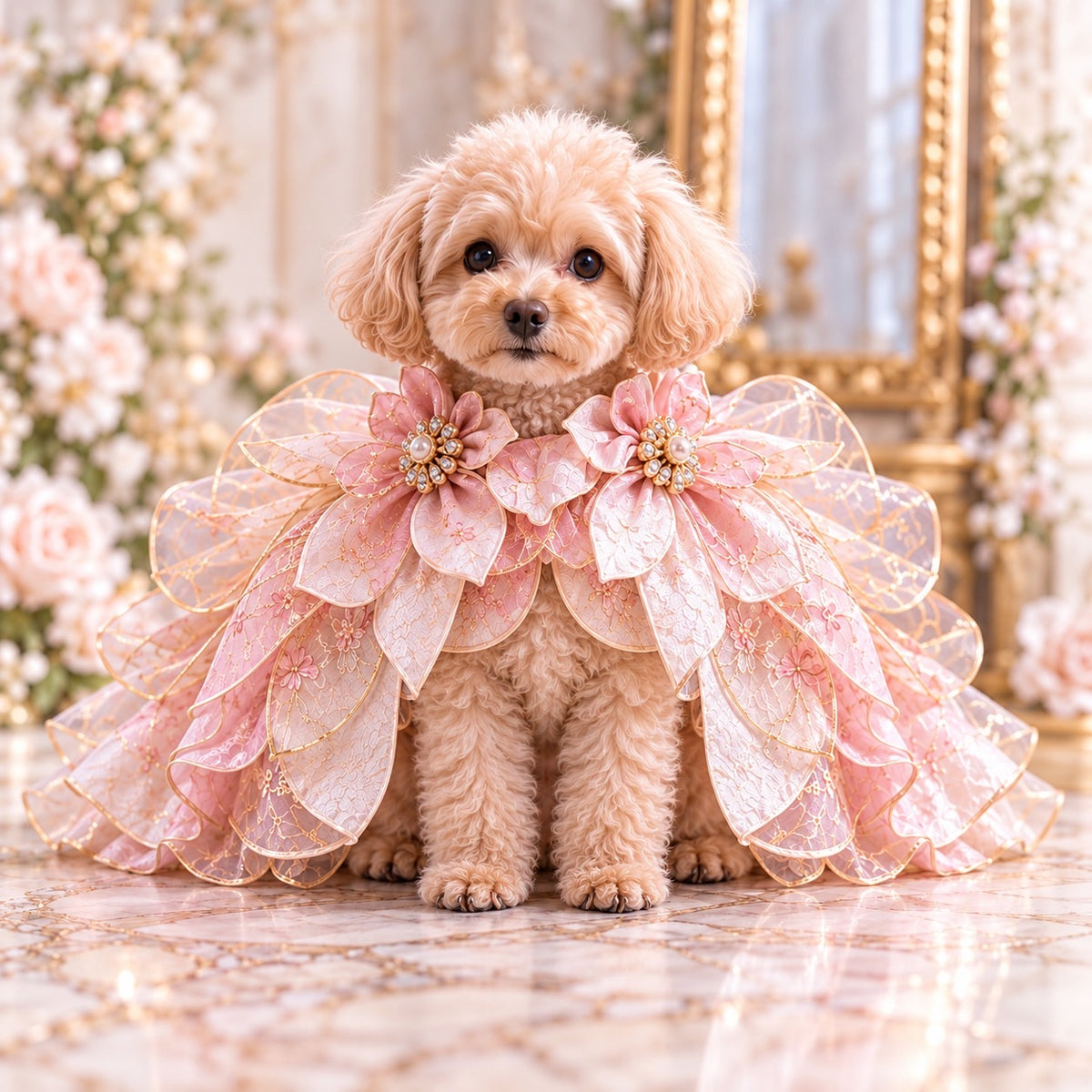 ピンクの高級犬服「Luxe Fleur Dress」を正面から着用したトイプードル。胸元に左右対称に飾られた立体的なフラワーモチーフと、両側に大きく広がる透け感のある花びら状のフリルが特徴。