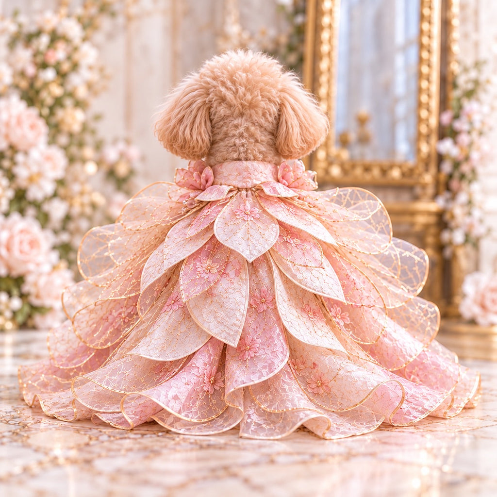 高級犬服「Luxe Fleur Dress」を後ろ向きに着用したトイプードル。背中に幾重にも重なるピンクの花びら状フリルが広がり、透け感のある生地と繊細なゴールドの縁取りが華やかなドレス。