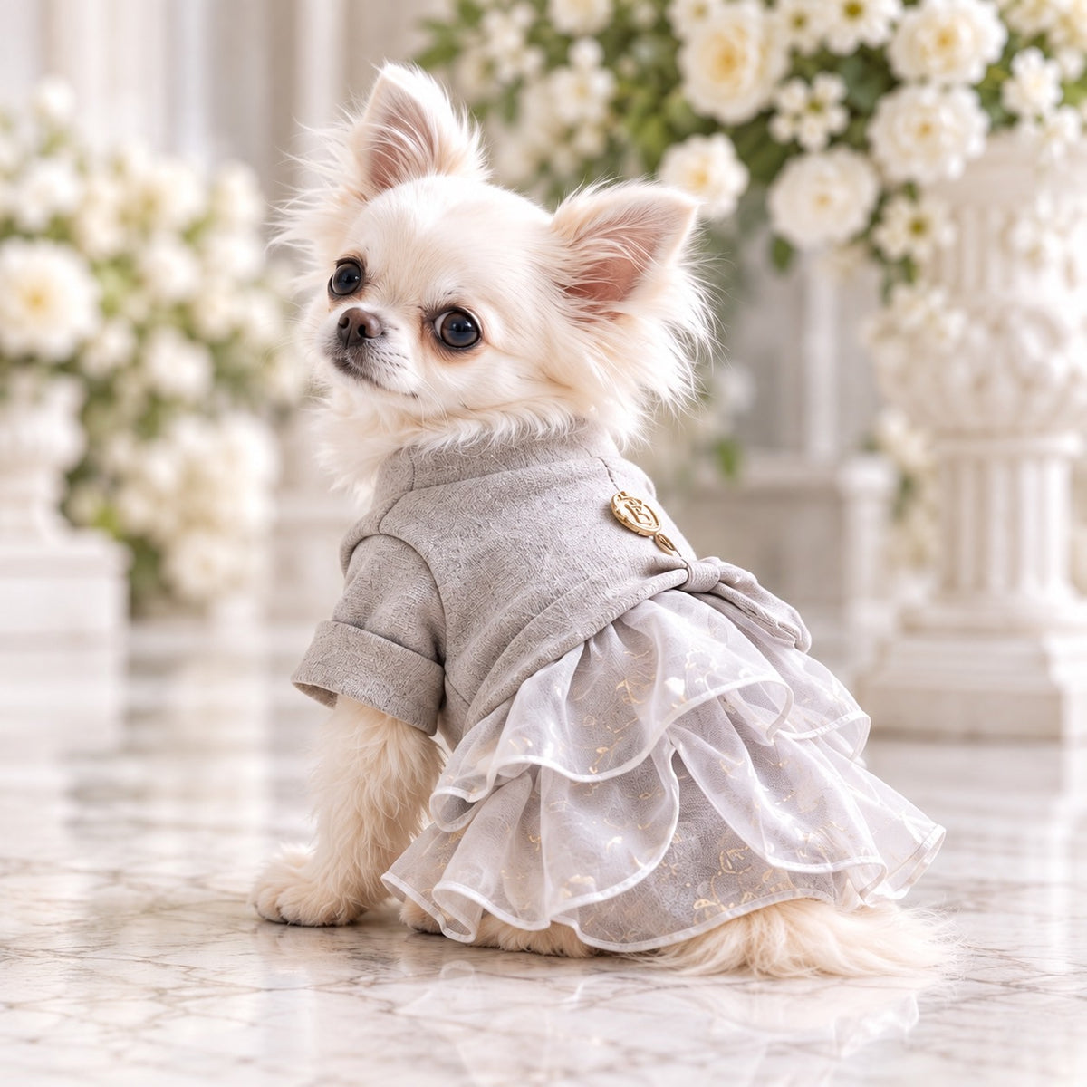 高級犬服「Luxe Grace Dress」を着用した白いチワワの横向き写真。上品なトップスと幾重にも重なる立体的なフリルスカートが特徴。ふんわり広がる優雅なシルエットが美しい、Elemurus Preciousの犬用ドレス。