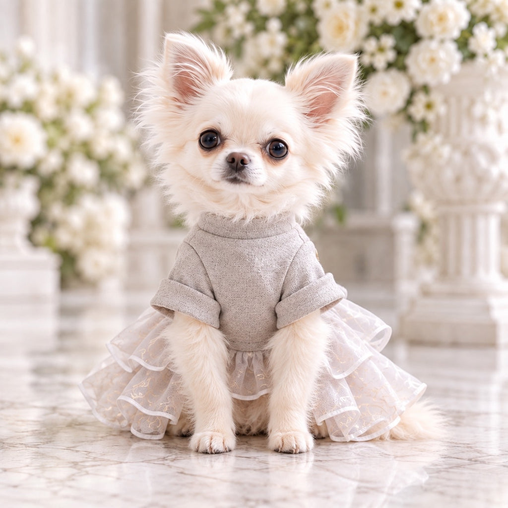 高級犬服「Luxe Grace Dress」を正面から着用した白いチワワ。上品なトップスデザインと、胸元から足元にかけて美しく広がるフリルスカートが特徴。繊細な生地と優雅なシルエットが魅力の、Elemurus Preciousの犬用ドレス。