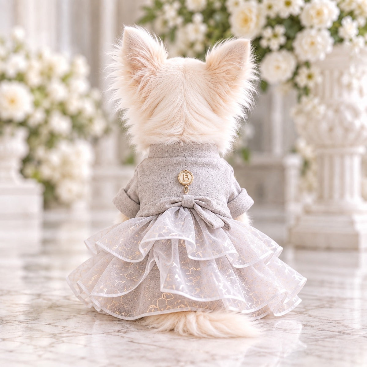 高級犬服「Luxe Grace Dress」を後ろ向きに着用した白いチワワ。背中にあしらわれた大きなリボンと、幾重にも重なる立体的なフリルスカートが特徴。ふんわり広がる優雅な後ろ姿が魅力の、Elemurus Preciousの犬用ドレス。
