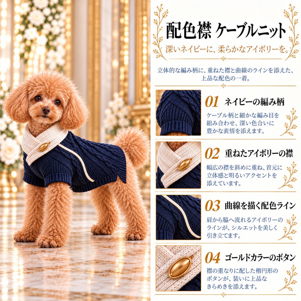高級犬服「配色襟ケーブルニット」を着用したトイプードルの商品紹介画像。ネイビーの立体的なケーブル編み、重ねたアイボリーの襟、曲線を描く配色ライン、ゴールドカラーの楕円ボタンを紹介。